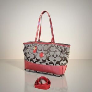 Coach Signature Tote Bag Coral Red Leather Trim Crossbody Strap F10202